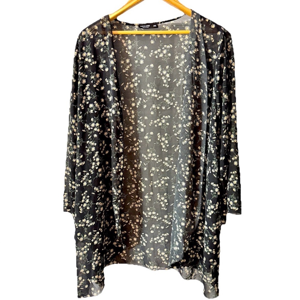 SHEIN Curve Black Floral Sheer Open Front Kimono Cover Up Boho Plus Size 2X